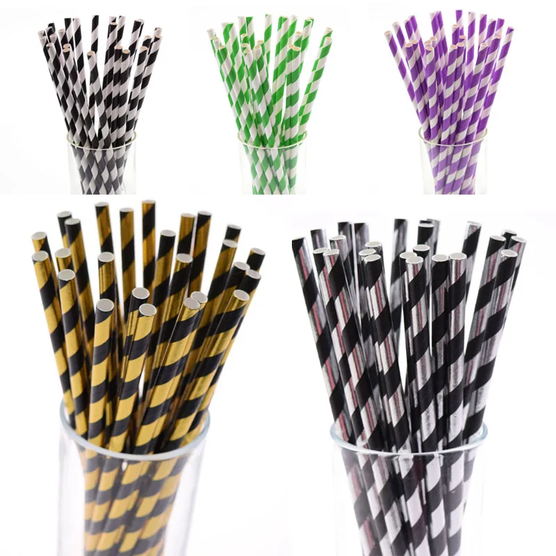 25PCS Striped Paper Straws For Wedding Birthday Party Foil Gold Silver Drinking Straws Luau Decoration Bridal Shower