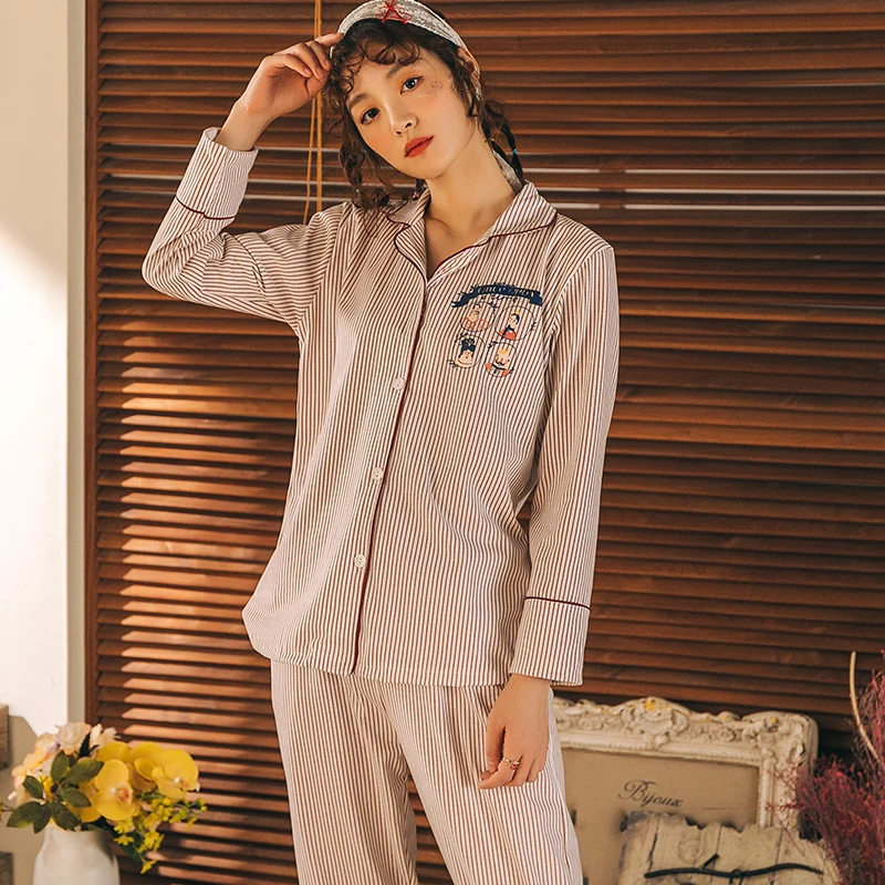 

Pajamas Sets Spring Autumn Striped Women Long Sleeve Sleepwear Suit Home Women Gift Female Sleepwear Pijama Mujer Femme 3XL