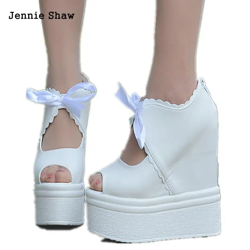 

2018 Fish Mouth Open Toe Wedges Ankle Boots 14cm Thick Bottom Super High Heel Female Platform Summer Hidden Heel Shoes