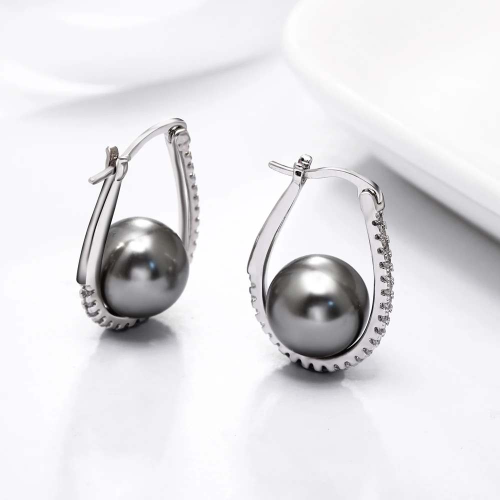 

Dreamcarnival 1989 Simple Timeless Design Oval Hoops AAA Cubic Zirconia Daily Jewelry Created Grey color Pearl Earrings WE3721
