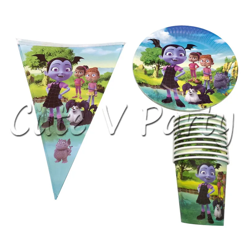 

30pcs/lot Vampirina Girl Theme Cartoon Party Tableware Set Paper Cup Plate flags Set Birthday Baby Shower Party Supplies
