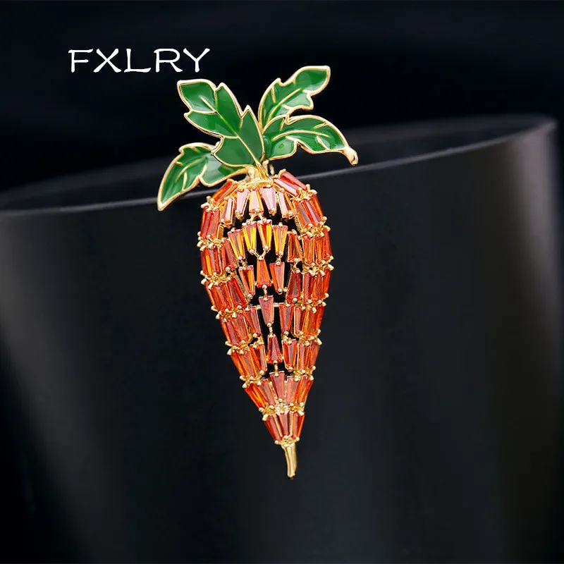 

FXLRY Fashion hot sale Carrot Brooch Pins Gold Color Cubic Zirconia Vegetables Leaves Radish Brooches for Women Accessories