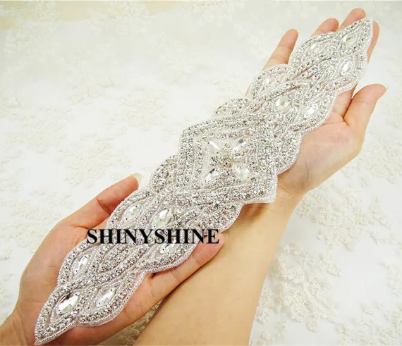 ShinyShine свадебные аппликации со стразами с жемчугом Серебряные железные, с кристаллами на лента для свадебного платья RA063