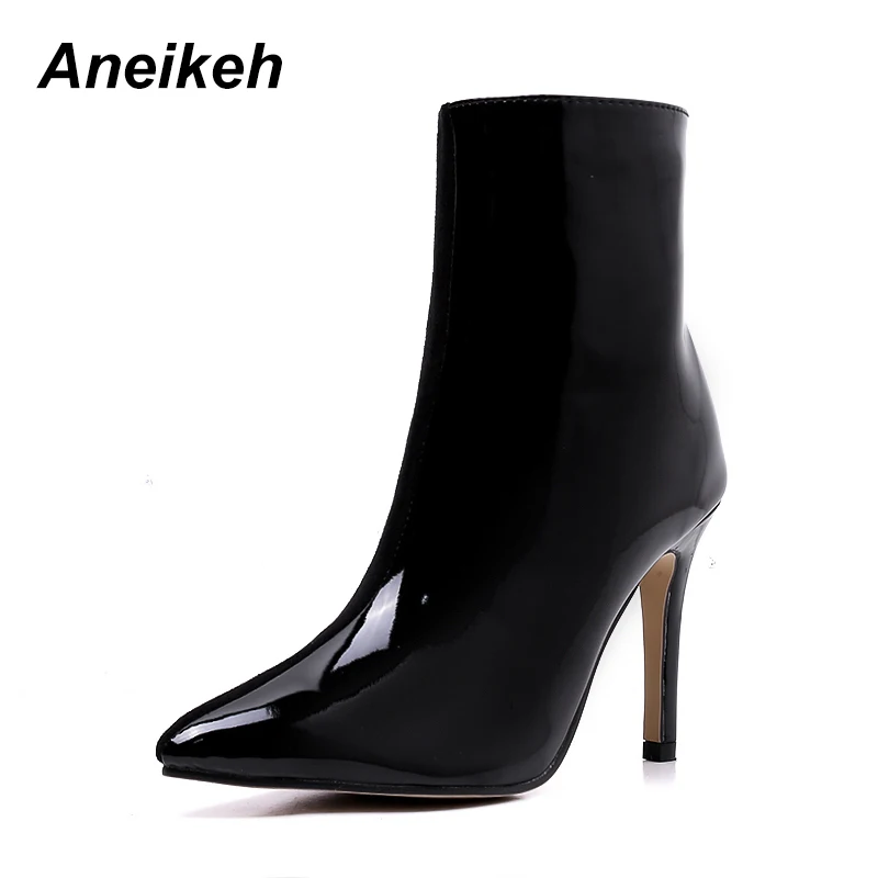 

Aneikeh Autumn Patent Leather Women Ankle Boots Thin Heels Fashion Pointed Toe Ladies Sexy Shoes 2018 New Chelsea Boots black