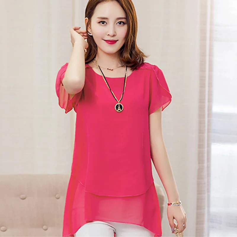 

Korean Type Women Fashion Summer Short Sleeve Loose Large Size Basic Shirts Chiffon Blouses