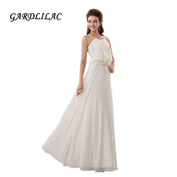 

2017 New Ivory Beach Wedding Dresses 2017 Chiffon Plus Size Bridal Gown Halter Backless with Flower Long Prom Gown