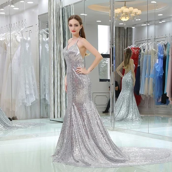 

Silver Sequins Evening Dress Sexy Halter Sleeveless Backless Long Formal Party Gown Plus Size Custom Made Vestidos De Festa