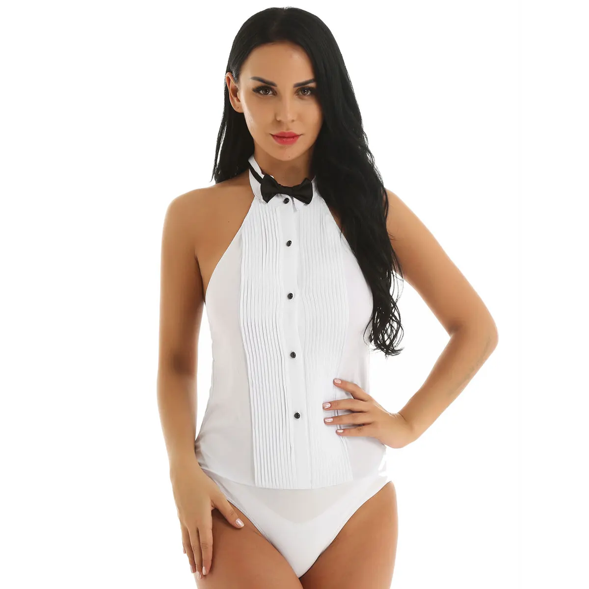 Elegant Bodysuits Women Office Lady White Body Shirt Sleeveless  Wing Tip Collar Backless Tuxedo Shirt Bodysuit with Bow Tie black body suit