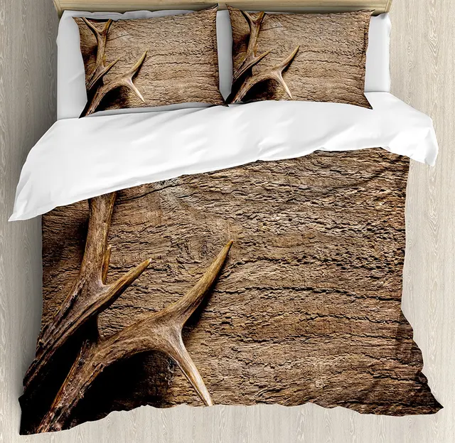 Antlers Decor Duvet Cover Set King Size Deer On Wood Table Antlers Decor Duvet Cover Set King Size Deer On Wood Table Rustic Texture Surface Hunting