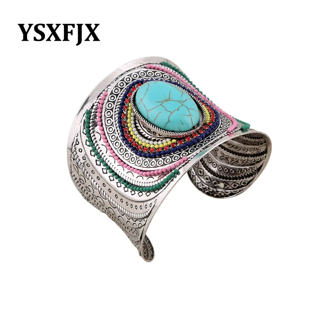 

YSXFJX new stylish atmosphere inlaid natural stone alloy bracelet bohemian style female wide bracelet fashion jewelry