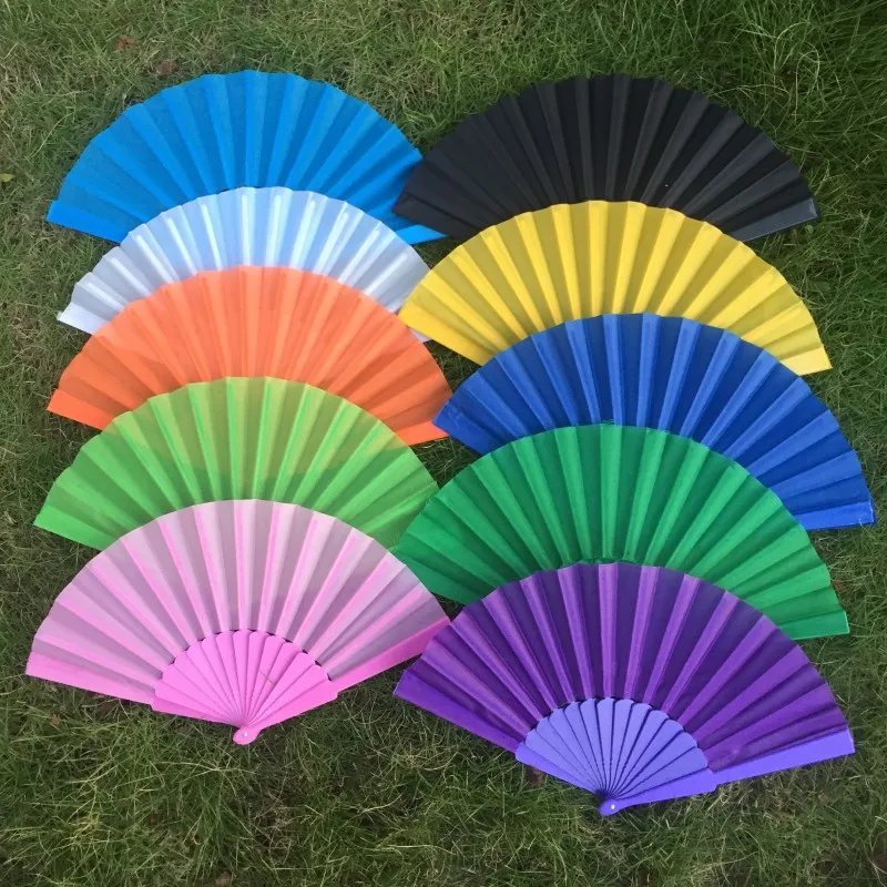 

Free shipping 12pcs/lot assorted colors plain solid color plastic fan polyester fabric folding fan for wedding