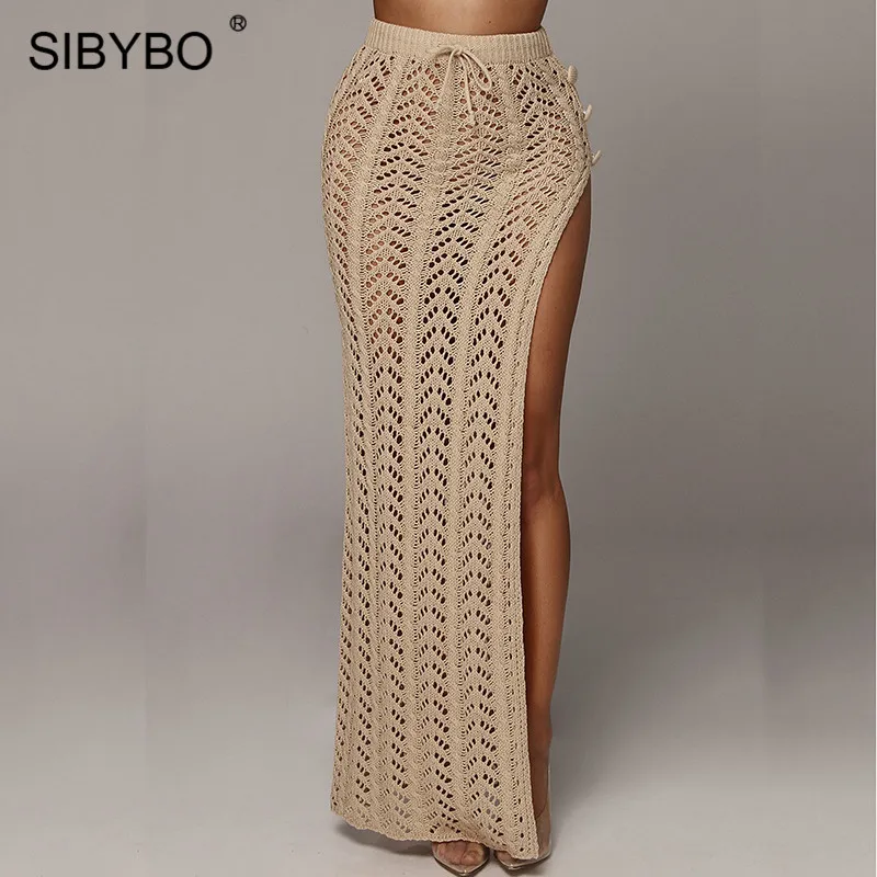As Shown Sibybo, высокая талия, трикотажная, с разрезом по бокам, сексуальные юбки для женщин, s, модная, открытая, на пуговицах, Длинная женская юбка,, Пляжная, повседневная юбка - Цвет: As Shown