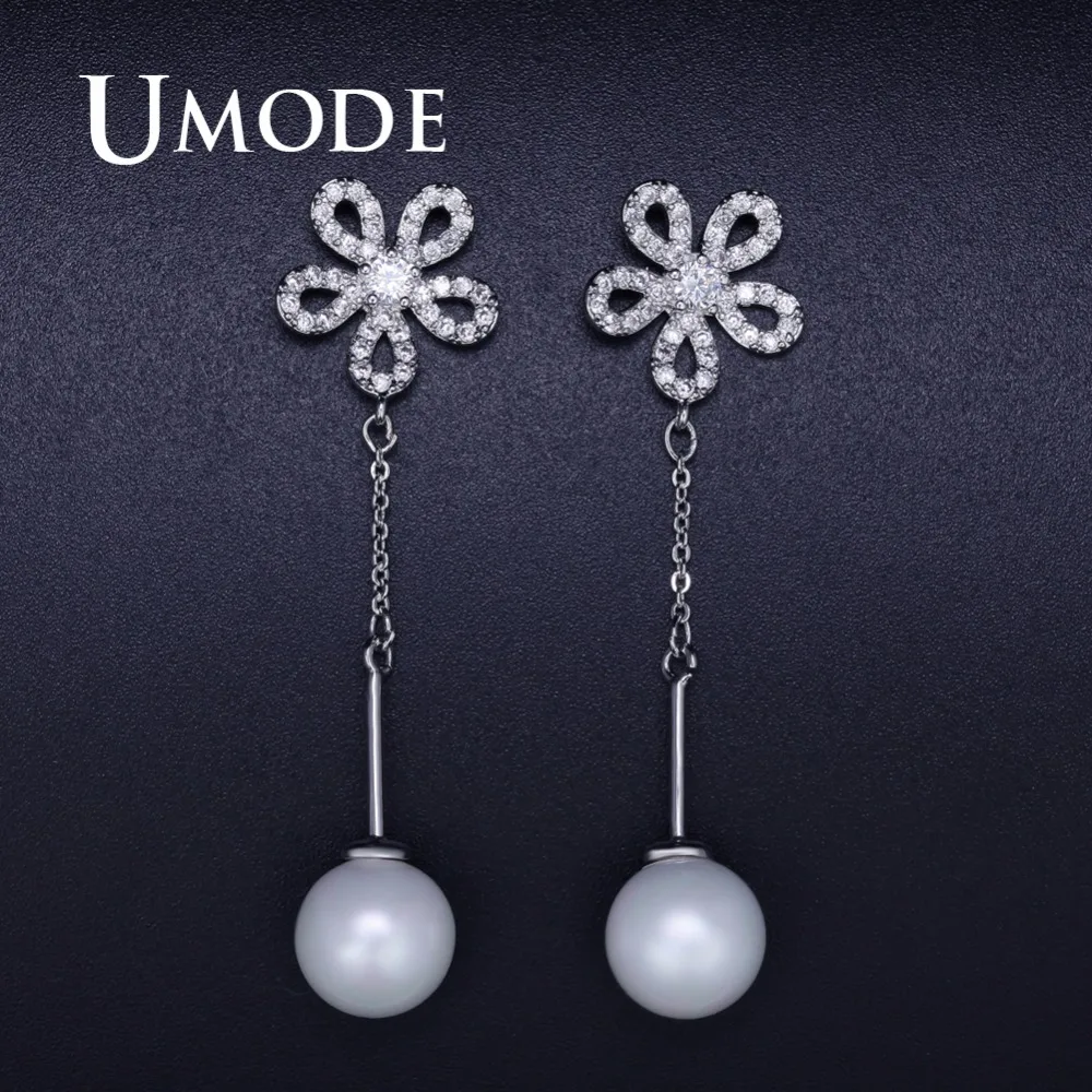 

UMODE Fashion Pearl Flower Long Dangle Earrings for Women Female White Gold Color Cubic Zirconia Jewelry pendientes UE0361