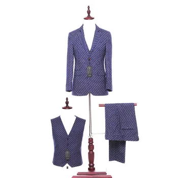 

New white striped lapel blue men's business office suits and men's prom dress exquisite workmanship (jacket + pants + vest)