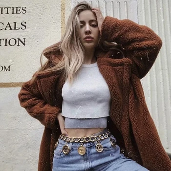 

2019 New Autumn Winter champagne Color Long Sleeve Faux FurTurn-Down Collar Warm Button Coat Causal Fashion Women Wholesale