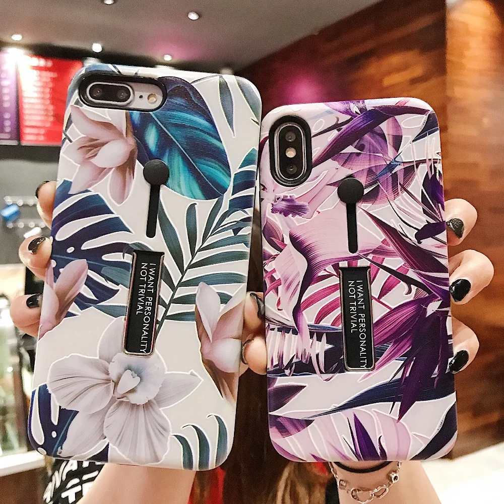 Art Flowers Green Leaf Phone Case For iPhone XS Max XR 6 6S 7 8 Plus X Retro Style Flower Floral hard stand holder Back Cover |