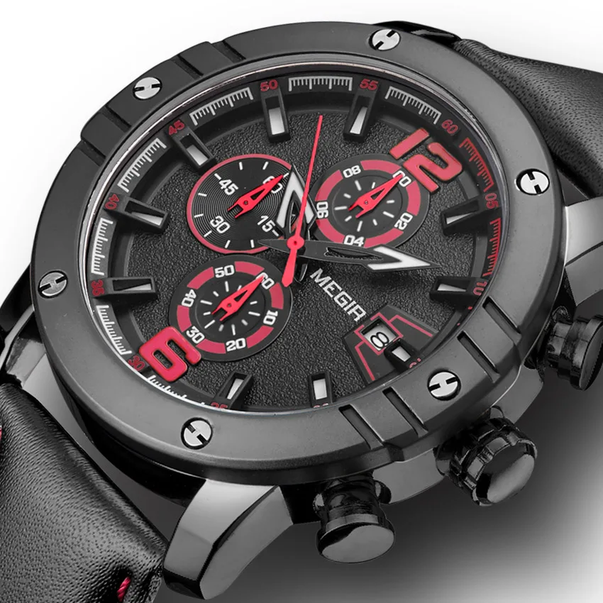

Megir Watches Creative Man Watch 2018 Chronograph Male Clock Top Brand Man Watches Luxury Leather Strap Black Watch Men Sport