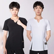 Латинский танцевальный Топ для мужчин хлопок короткий рукав мужской ча Румба Самба Танго танцевальные рубашки для выступлений одежда для тренировок DNV11721