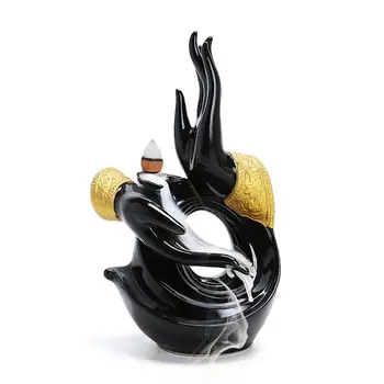 

Ceramic Buddha Hand Style Chinese Backflow Incense Burner Smoke Waterfall Incense Cone Sticks Holder Home Decor +10pcs Cones
