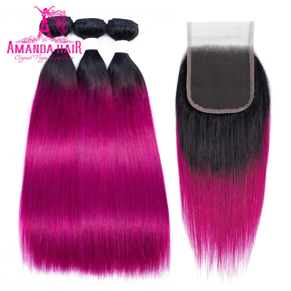Amanda T1b/фиолетовые бразильские прямые пучки волос с закрытием Remy человеческие волосы 3 пучка с 4x4 закрытие свободная часть 150% Плотность