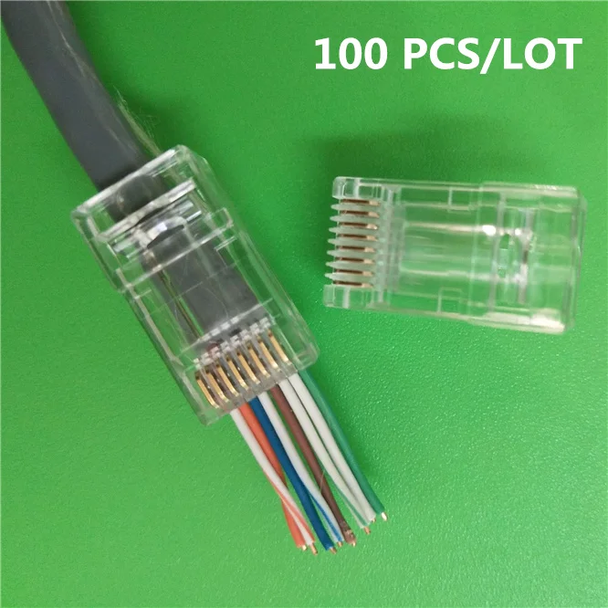 100 шт. CAT6 RJ 45 ethernet кабельный разъем 8P8C терминалы RJ45 разъем 8pin неэкранированный через отверстие модульные терминалы золотое покрытие