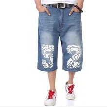 Большие мужские свободные модные джинсы летние мужские джинсовые шорты до середины икры плюс размер повседневная одежда мужские синие 11905-1
