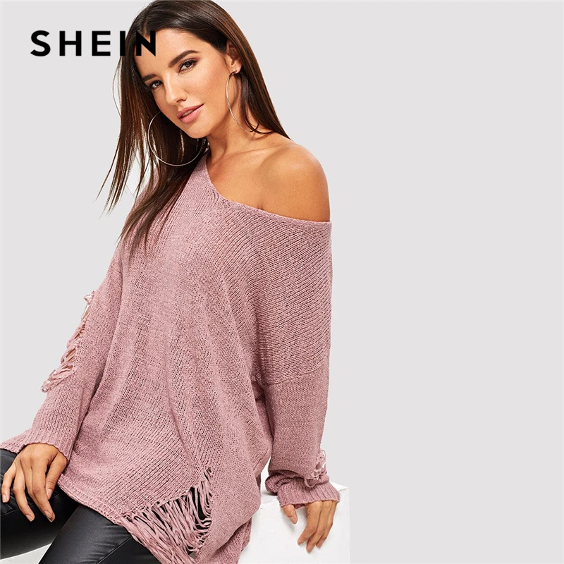 SHEIN Pink Elegant Office Lady Drop Shoulder Ripped Oversized Solid
