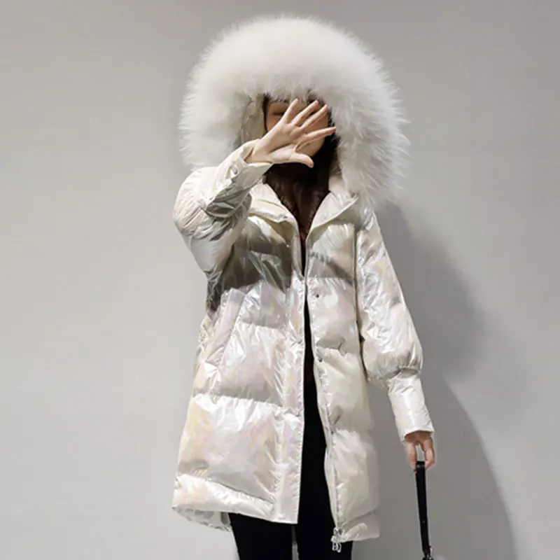 Модная парка, зимний пуховик с капюшоном и меховым воротником, глянцевая плотная теплая куртка, верхняя одежда с длинным рукавом на хлопковой подкладке, повседневное пальто 892 - Цвет: white