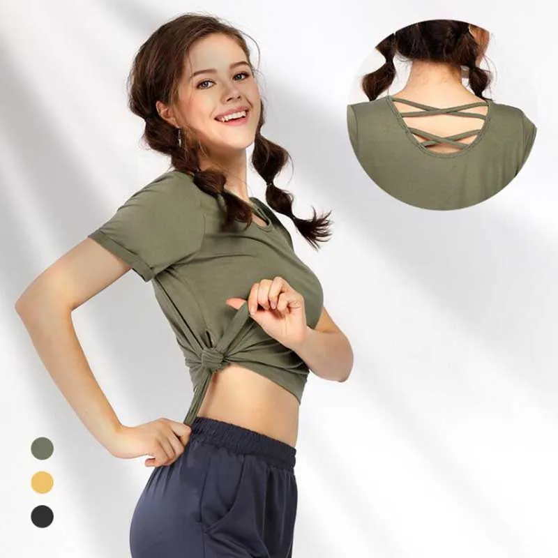 

Yoga Short-sleeved T-shirt Women's Running Ftness Loose Cross Straps Round Neck Shirts Female quick-drying Breathable Sports TOP