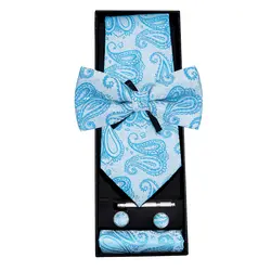 Шелковые Пейсли связей для Для мужчин синий Бизнес Мужской шеи галстук предварительно связали бабочка галстук запонки подарочной коробке