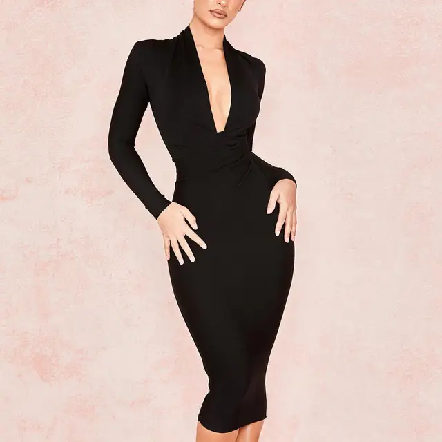 2022 New Summer Deep V Neck Women Bandage Dress Full Sleeves Celebrity Bodycon Dress Sexy Club Vestidos Evening Party Dresses Black