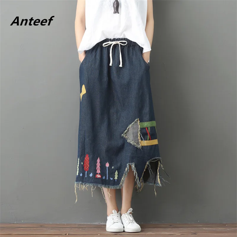 

2019 vintage plus size high waist spring summer saias femininas casual loose long denim skirt women skirts female clothes
