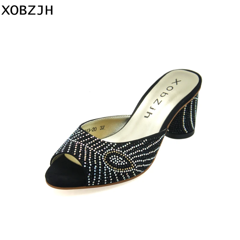 

XOBZJH 2018 Sandals Women Sexy Ladies Sandals Black Peep-Toe Slip-On Rhinestone Sandals Party Shoes Block Heel 2.5 inch