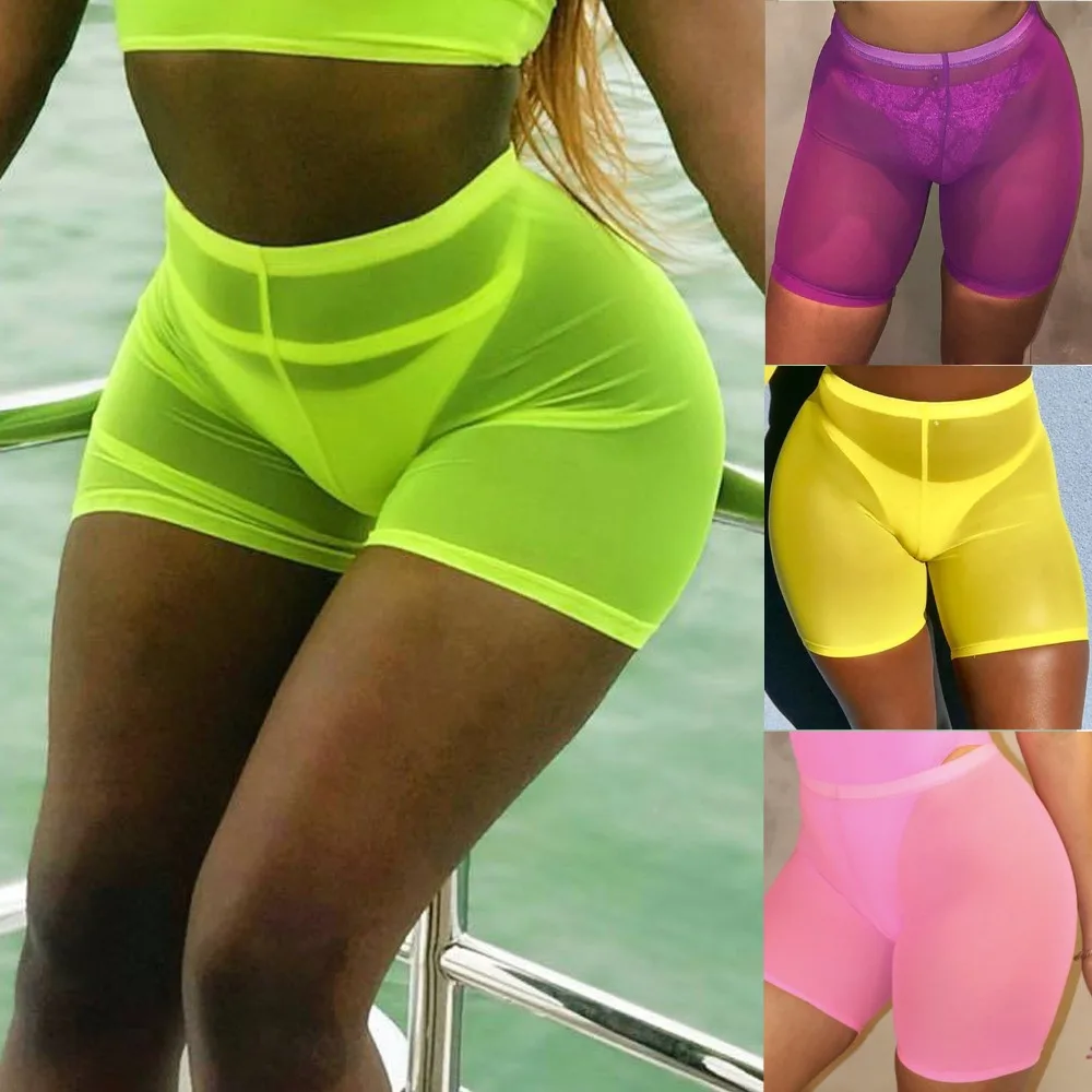 OMSJ 2022 Summer Fashion Yellow Mesh Transaparent Sexy Women Casual Shorts Ladies High Waist Shorts Summer Shorts Sexy Shorts