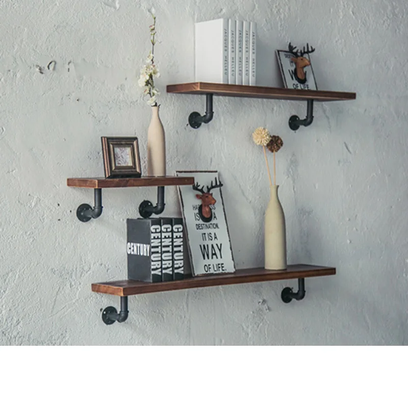 

Rustic Wall Mount Wood Shelf Iron Pipe Holder Storage Home Organizer Decor Living Room Restaurant Shop Bar [20/40CM]