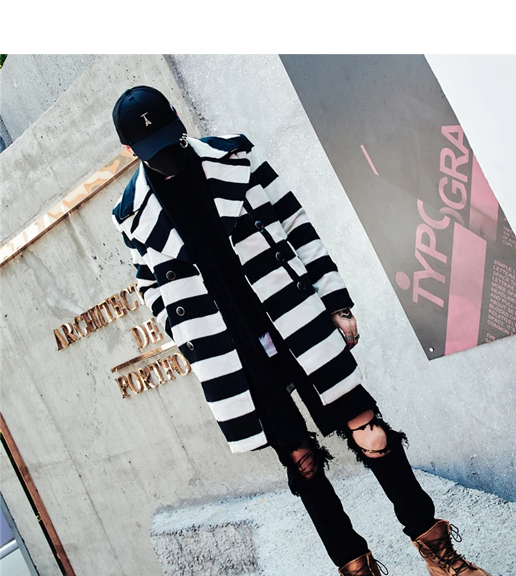 New Arrival Darkly Western Style Fashion Slim Mens Mid-Long Wool coat Hip Hop Autumn Male Casual Striped Overcoats Streetwear