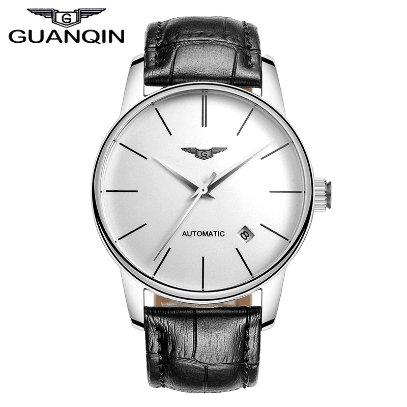 Качественные Часы GUANQIN мужские Топ люксовый бренд автоматические сапфировые механические часы водонепроницаемые часы кожаные мужские