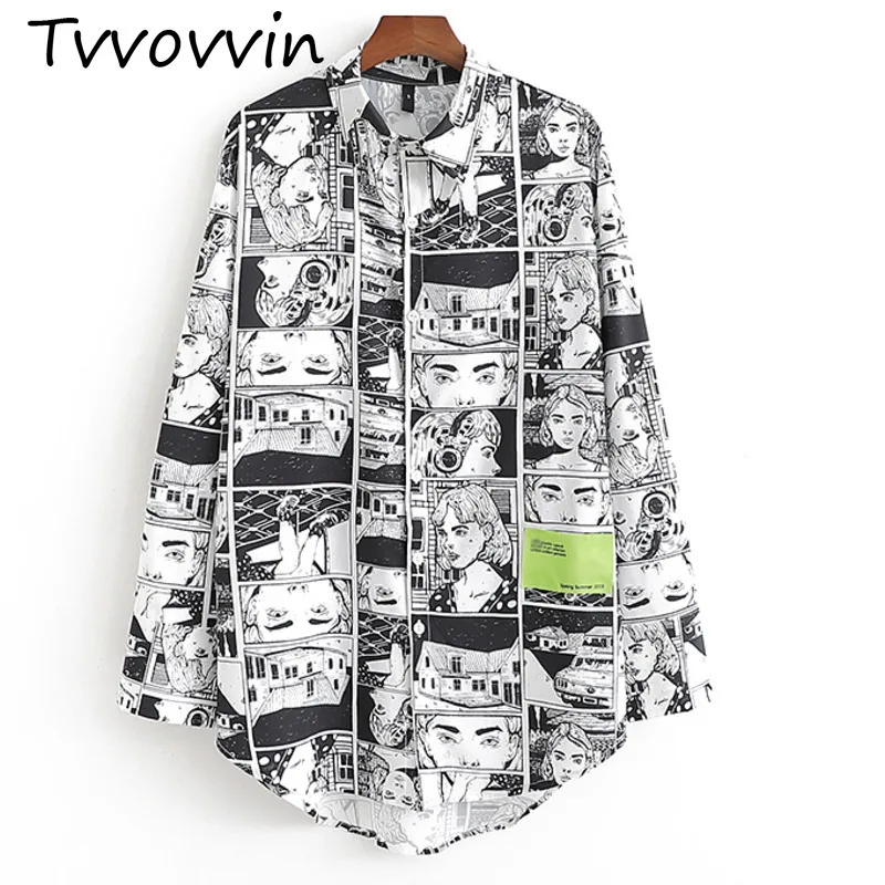 

New Cartoon Print Blouses 2019 Spring-Summer Womens Short Front Long Back Graffiti Shirt Ladies Button-fly Chic Tops Femme V592