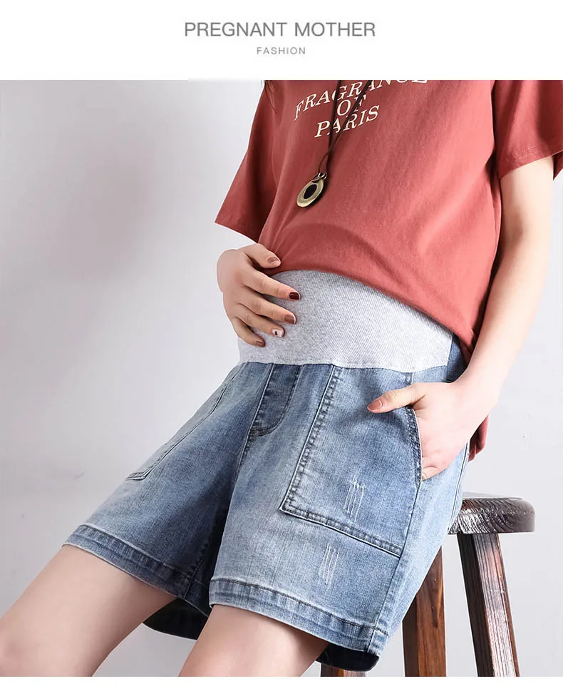 Summer Hole Maternity Jeans Short Women Loose Casual Female Pregnant Short Jeans Elastic Women Pregnant Women Shorts