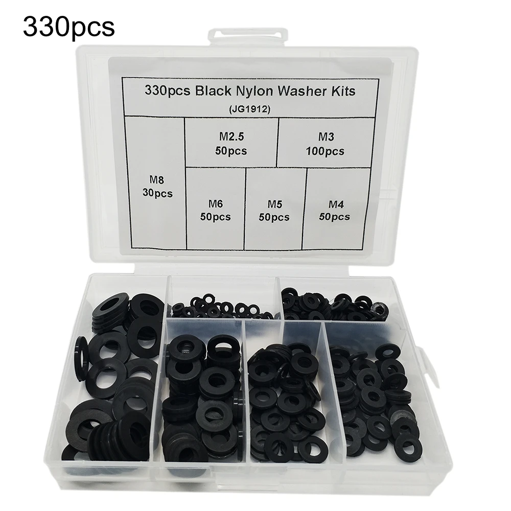 330pcs black nylon washer Flat Washer Plastic Box Kitsin Bolts from