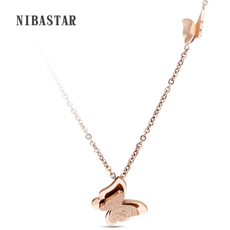 

Fashion Vintage Rose Gold-Color Stainless Steel Butterfly Necklace Dull Polish Statement Necklace For Women