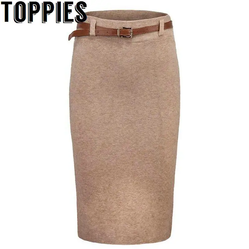 2017 Women High Waisted Knit Pencil Skirt Knee Length Elegant Winter Skirt Slim Vintage Knitting