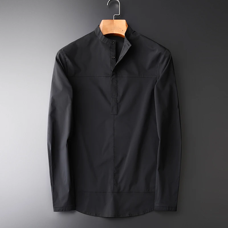 

Minglu Spring New Men's Fashion Dress Shirts Hgiht Quality Stand Collar Single Breasted Solid Color Balck Men's Shirts M-4XL