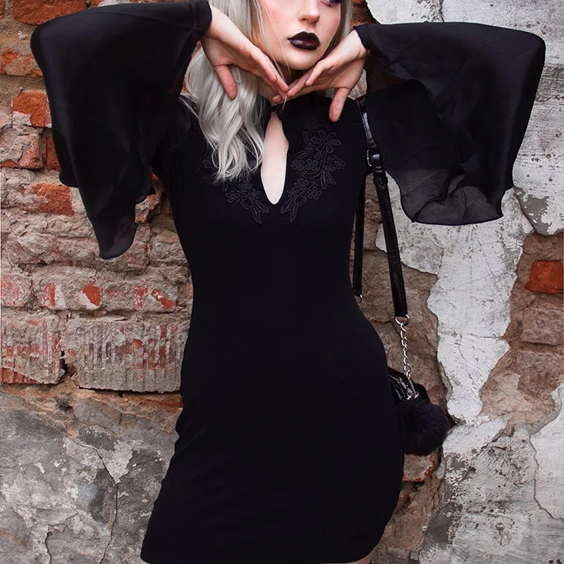 

Gothic Party Dress Women Vintage Black Mesh Long Sleeve Bodycon Mini Dresses Hollow Out Chinese Cheongsam Sexy Punk Pencil Dress