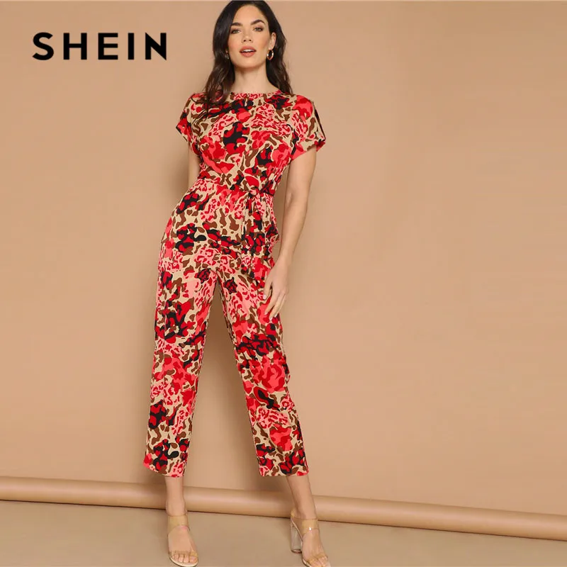 SHEIN Lady Highstreet retroussé manches noeud avant imprimé léopard combinaison femmes été taille haute décontractée combinaison conique