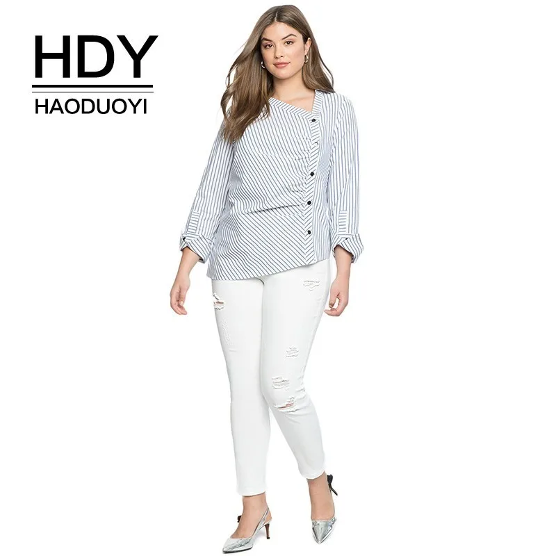 

HDY Haoduoyi Plus Size Sunmer Tops For Office Lady 2018 V-neck Striped Woman Blouse Asymmetric Casualbottom Shirt New Arrive