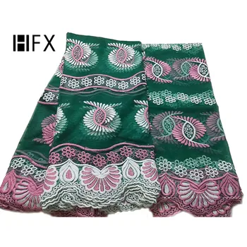 

HFX Green/Pink African Lace Fabric French Embroidery Cotton Lace Bridal 7 Yards Stones High Quality Bazin Riche Getzner L292