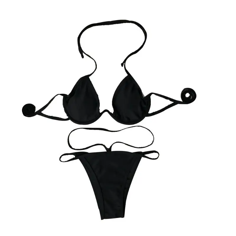 

Womens Sexy Two Piece Bikini Set Halter V-Neck Irregular Underwire Bra Strappy Bandage Thong Retro Boho Leopard Printed Swimsuit