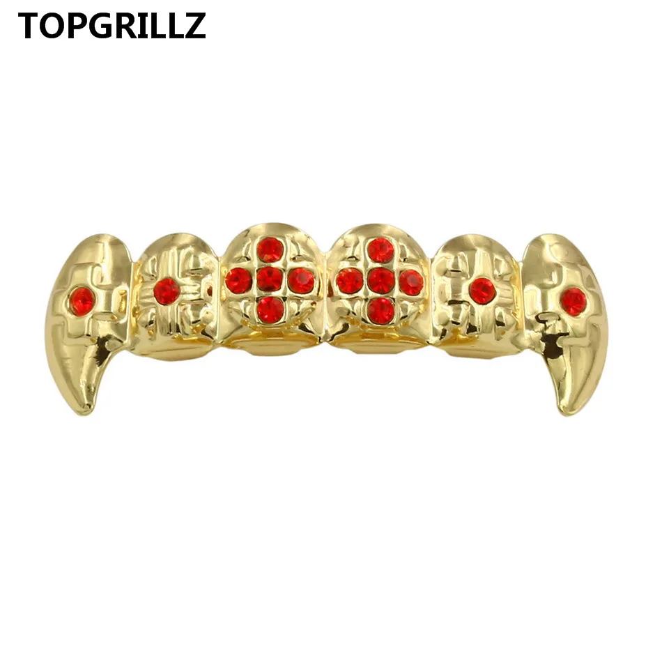 TOPGRILLZ Настоящее розовое золото цвет покрытием ICED OUT CZ зубы GRILLZ крест сверху и снизу зуб шапки Хип Хоп Bling Золотые грили - Окраска металла: Red Top