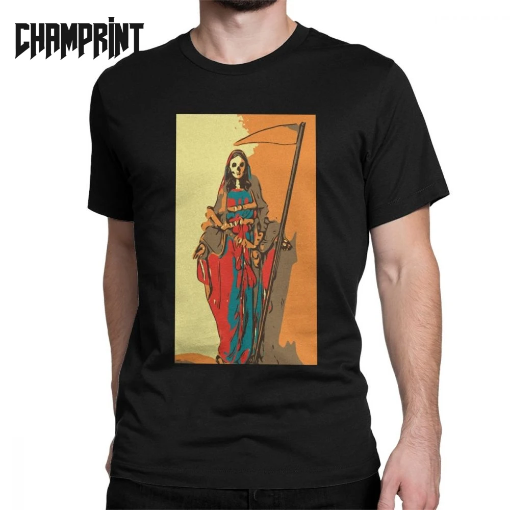 

Sante Muerte T Shirt Men Cotton Vintage T-Shirts Crewneck Saint Death Goth Mexican Death Muertos Mother Skull Tees Short Sleeve